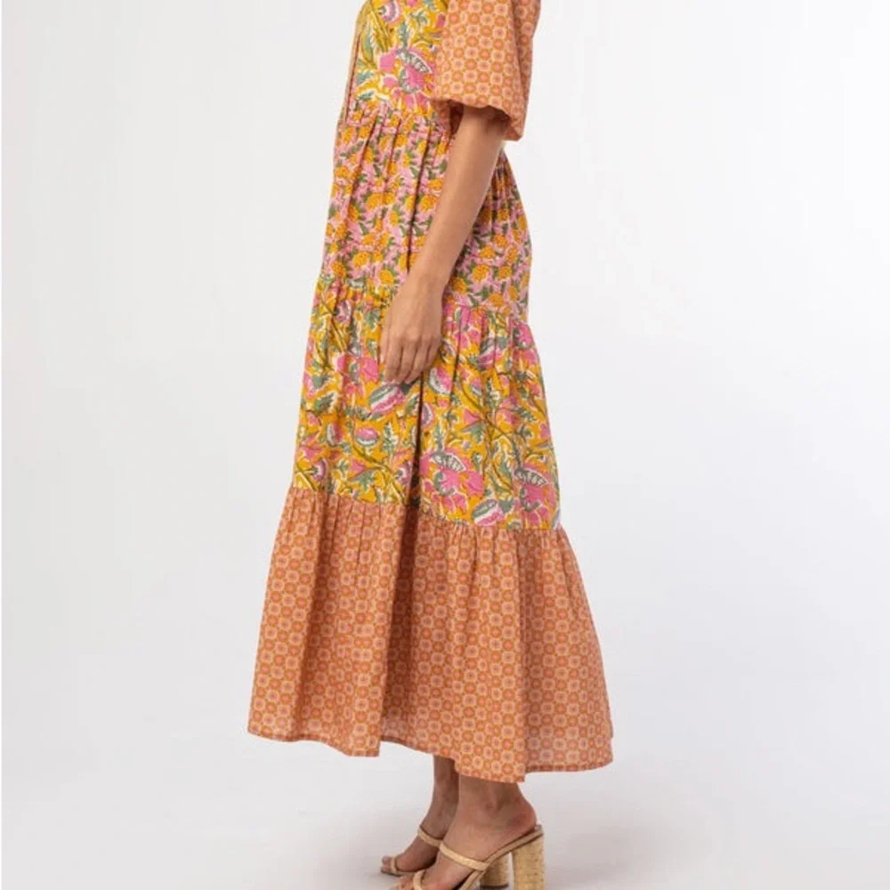 NWT LoveStitch Dress pockets 100% cotton midi floral tiered oranges golds pinks - Picture 1 of 15